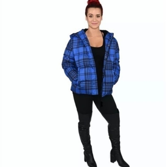 NEW RARE Authentic Juicy Couture Black Label Puffer Ski Coat Blue Tartan Down - Picture 3 of 16